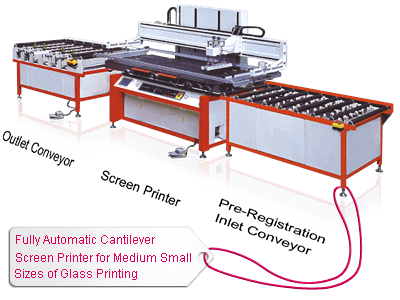 Cantilever Glass Screen Printer with Pre-Registration Conveyor & Inspection Table Cantilever Glass Screen Printer with Pre-Registration Conveyor & Inspection Table
